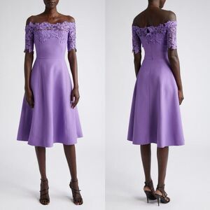 NWT Oscar Dela Renta Off The Shoulder Wool And Lace Midi Dress Iris US 14 $3690